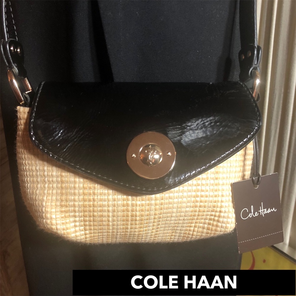 NWT-COLE HAAN STRAW/BLACK PATENT CROSS-BODY BAG